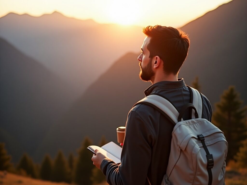 A man in his early 30s alone at sunrise, overlooking a quiet mountain valley while holding a coffee cup and reflecting on his solo journey.