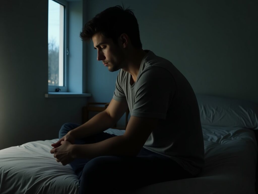 A man sitting thoughtfully on the edge of a bed in a quiet room at sunrise, reflecting on how to be confident without proving yourself.