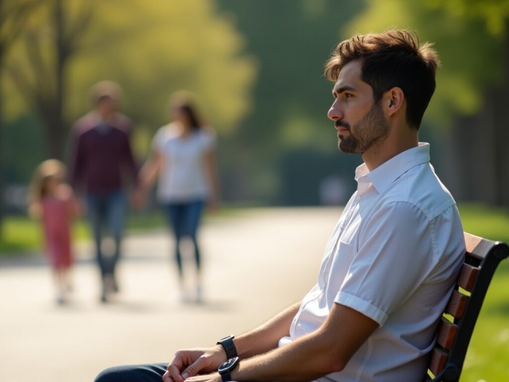 A man sitting on a bench in a sunlit park, looking thoughtful and reflective.