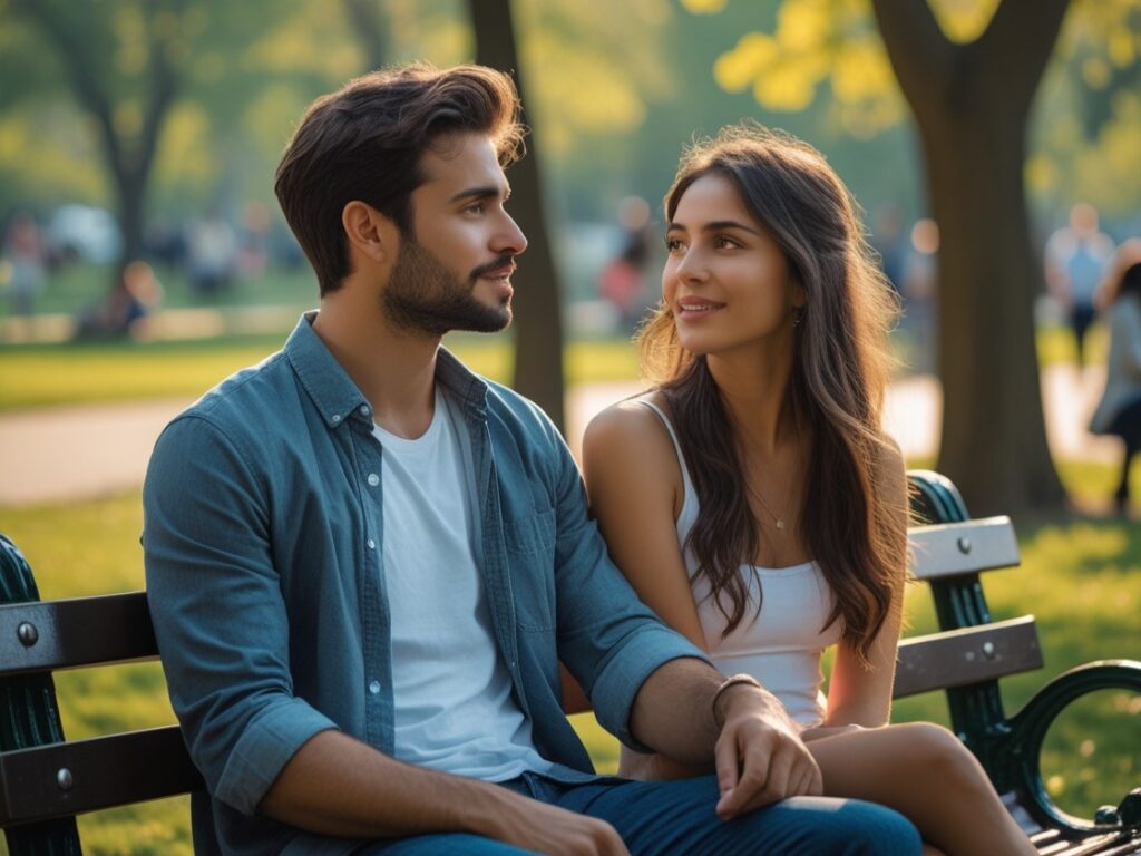 A young couple sitting on a park bench on a sunny day, looking at each other warmly.