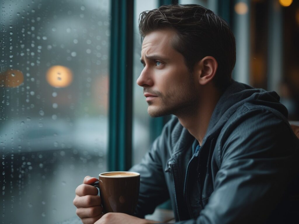 A man in his early 30s sitting alone in a café on a rainy day, holding a coffee mug and gazing thoughtfully out the window.
