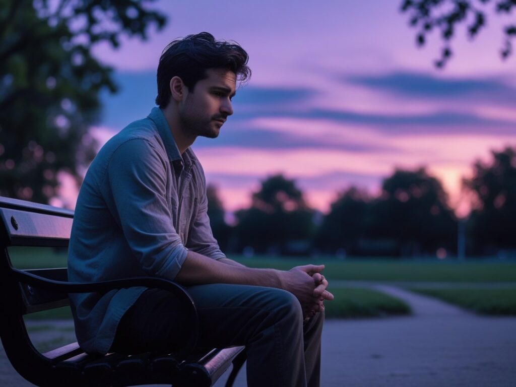 A man in his early 30s sitting alone on a park bench at dusk, deep in thought, surrounded by a peaceful twilight atmosphere.