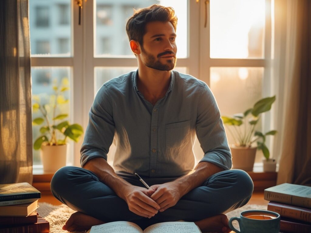 A reflective man journaling by a sunlit window, symbolizing inner peace and self-discovery.