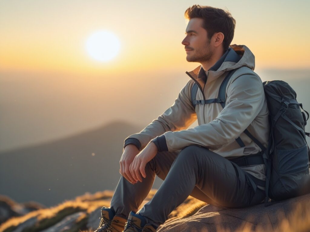 A man in his early 30s sitting on a mountain trail at sunrise, looking peaceful and reflective as he gazes at the horizon.