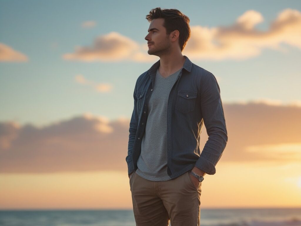 A man in his early 30s stands barefoot on a quiet beach at sunset, looking out at the ocean with a peaceful, reflective expression.