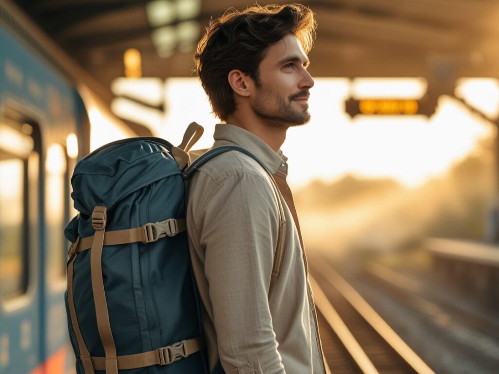 A minimalist male traveler in his 30s standing at a train station with a small backpack, looking reflective during sunrise.
