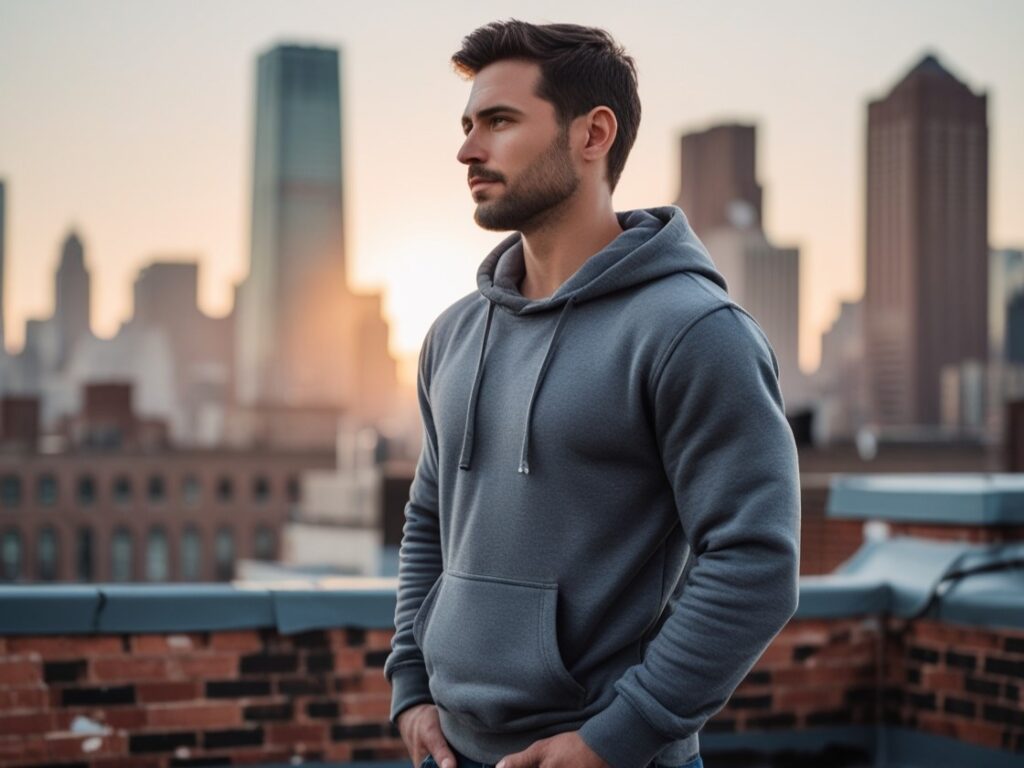 A man in his early 30s standing on a quiet rooftop at sunrise, gazing over the city skyline with calm confidence.