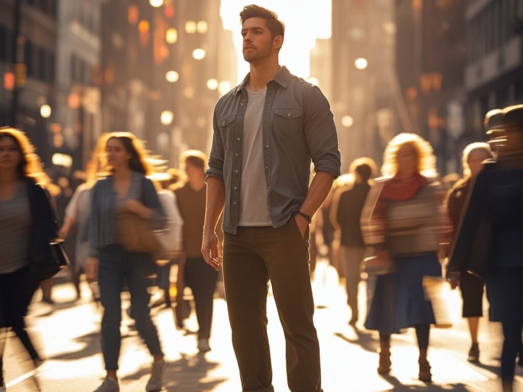 A man standing confidently in a crowded city street, calm and grounded while the world rushes around him.