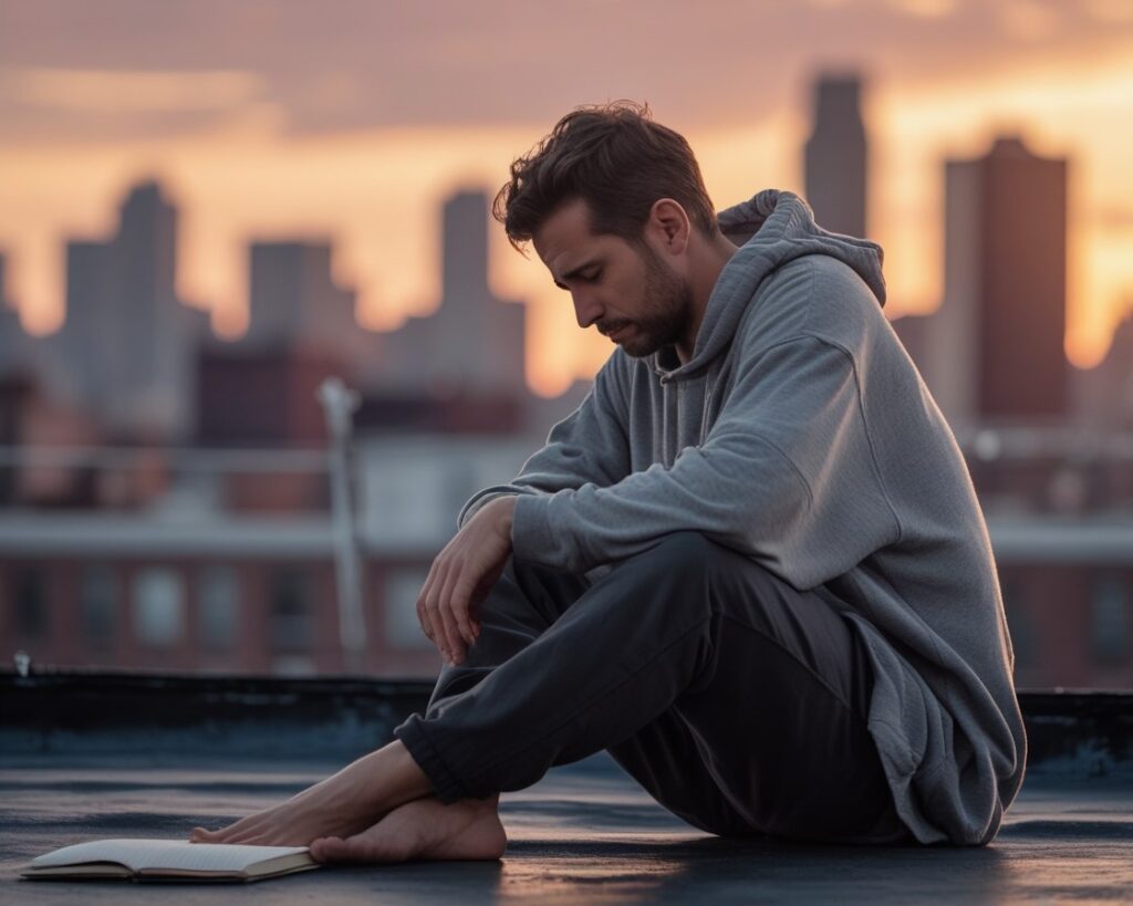 Man journaling alone on a rooftop at sunset, deep in quiet reflection.