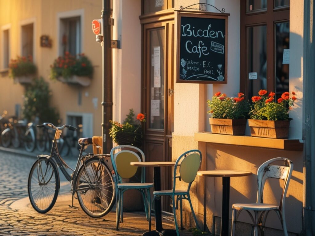 Morning light on a cobblestone European street with a bicycle and a quiet café.