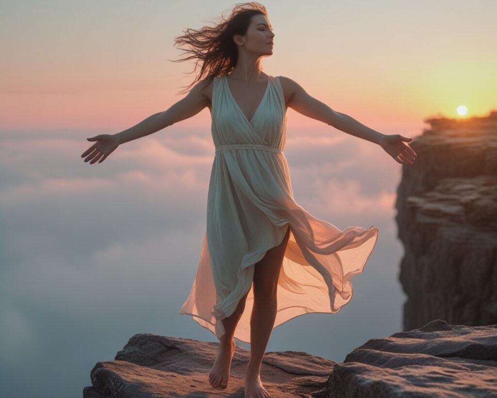 Woman standing barefoot at sunrise on a cliff with arms open in surrender.