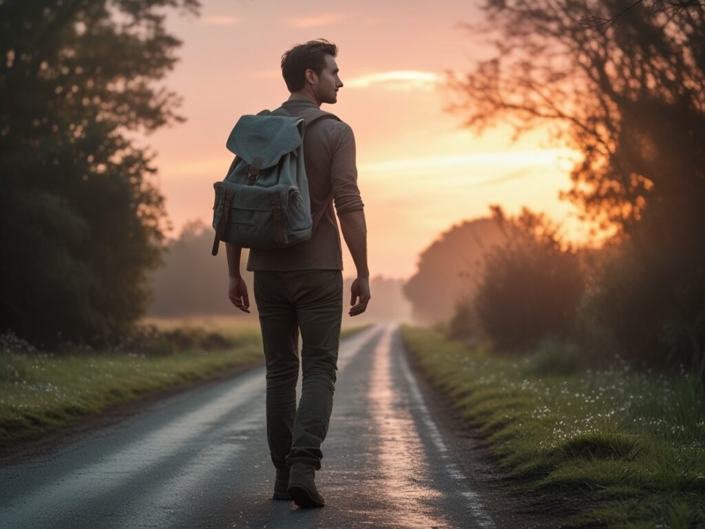 A man in his early 30s walking alone down a quiet rural road at sunrise, carrying a backpack and looking reflective.